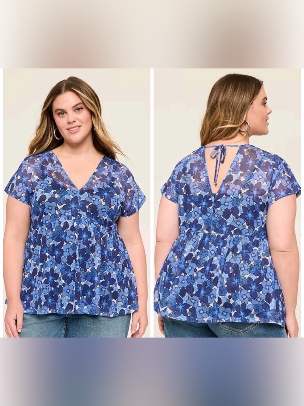 Lane Bryant Semi-sheer Blue White Floral Tie Back Cap Sleeve V-neck Top Sz 22/24